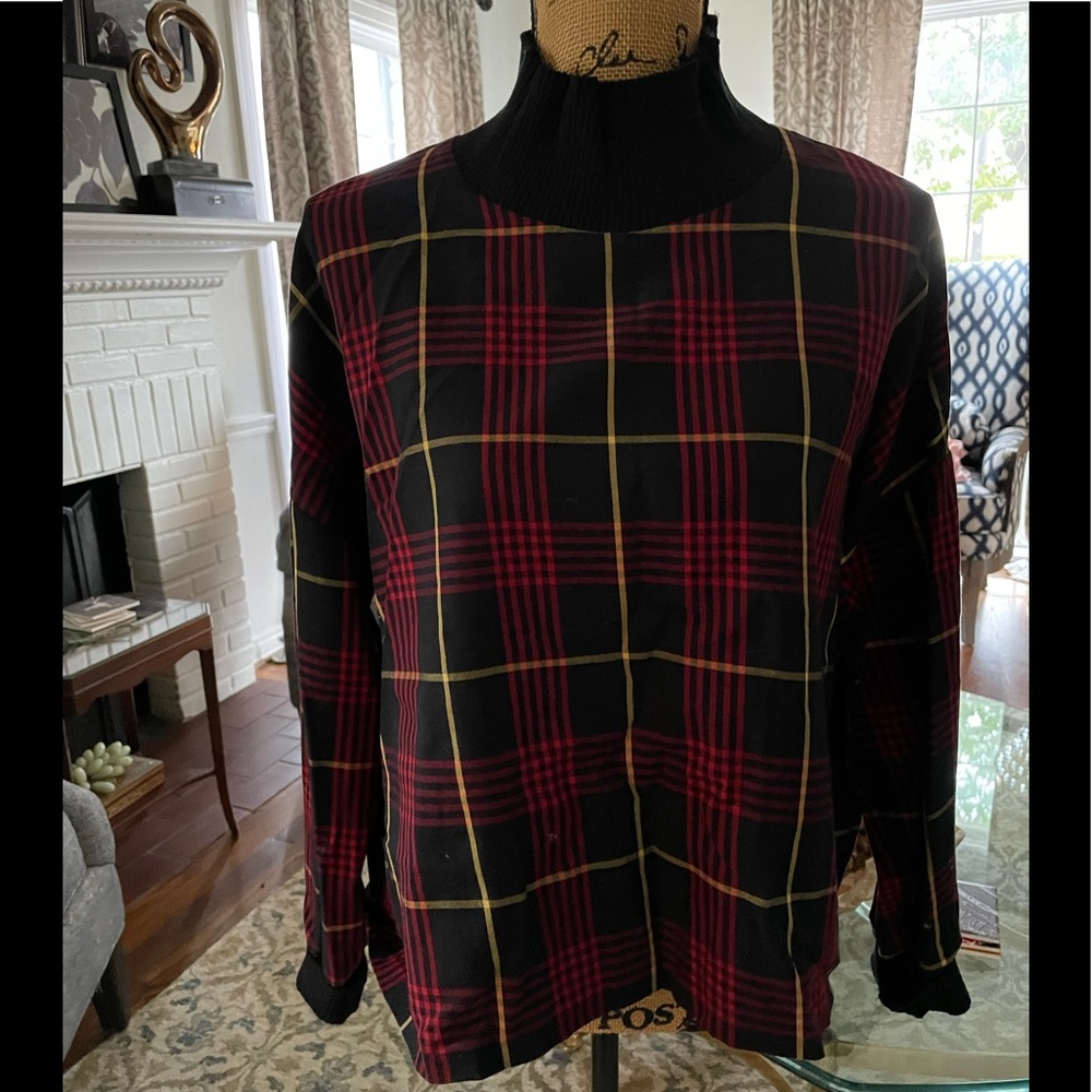 Zara Woman Mock Turtleneck Plaid Blouse- L - NWT